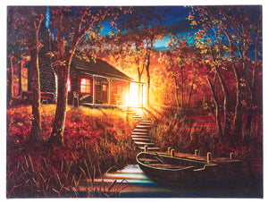 Blue Mountain Shoppes, Lighted Canvas w/Timer  16" x 12" - Fishing Cabin