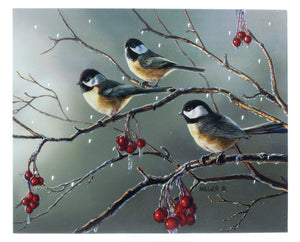 Blue Mountain Shoppes, Lighted Canvas w/Timer  17" x 14" - Chickadees