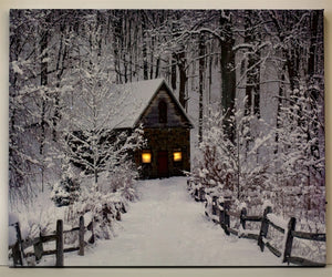 Blue Mountain Shoppes, Lighted Canvas w/Timer  17" x 14" - Snowy Path to Barn
